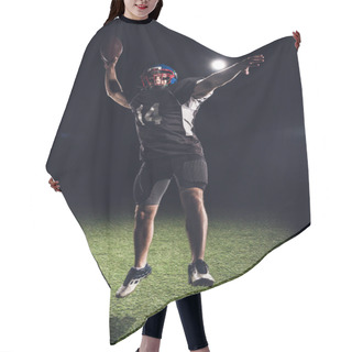 Personality  Athletic American Football Player Jumping With Ball Under Spotlights On Black Hair Cutting Cape