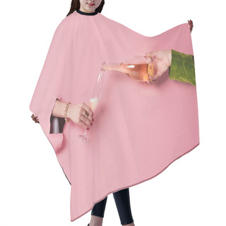 Personality  Cropped View Of Man Pouring Champagne Near Woman With Glass And Pink Background With Hole  Hair Cutting Cape
