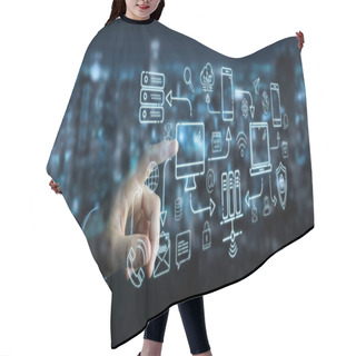 Personality  Businessman On Blurred Background Using Tech Devices And Icons Thin Line Interface Hair Cutting Cape