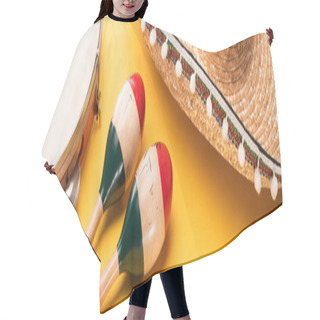 Personality  Tambourine, Maracas And Sombrero On Yellow Background, Panoramic Shot Hair Cutting Cape