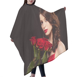 Personality  Elegant Woman Holding Roses And Looking At Camera Isolated On Black Hair Cutting Cape