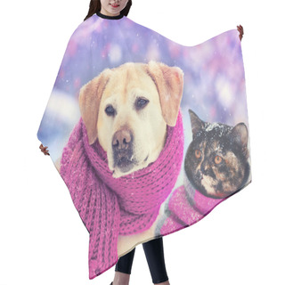 Personality  Dog And Cat Wearing Knitted Scarf Sitting Together Outdoors In The Snow In Winter. Christmas Scene Hair Cutting Cape