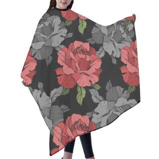 Personality  Grey And Red Roses. Engraved Ink Art. Seamless Background Pattern. Fabric Wallpaper Print Texture On Black Background. Hair Cutting Cape