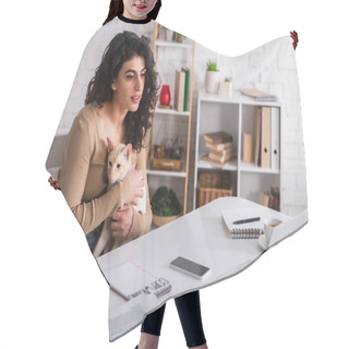 Personality  Brunette Woman Holding Oriental Cat Near Gadgets And Notebooks At Home  Hair Cutting Cape
