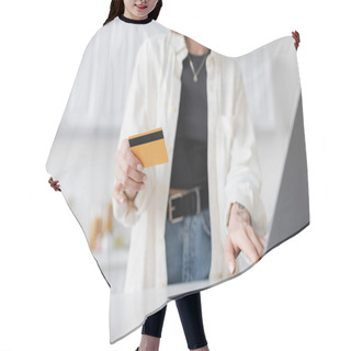 Personality  Cropped View Of Blurred Woman Holding Credit Card While Ordering Food On Laptop At Home  Hair Cutting Cape