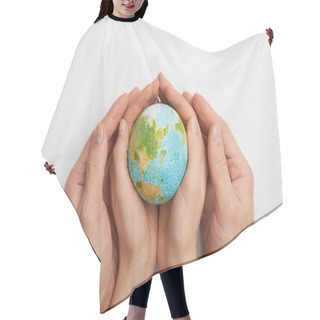 Personality  Top View Of Woman And Man Holding Planet Model On Grey Background, Earth Day Concept Hair Cutting Cape