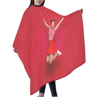 Personality  Full-length Full-size View Of Jumping Laughing And Happy Woman Dressed In Colourful Bright Clothes Isolated On Red Background Hair Cutting Cape