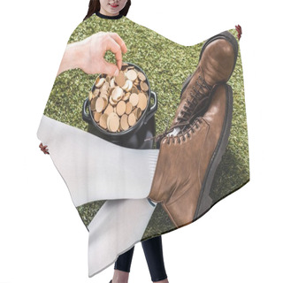 Personality  Cropped View Of Leprechaun With Golden Coins In Pot Sitting On Green Grass Hair Cutting Cape