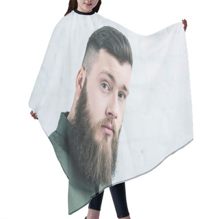 Personality  Portrait Of Handsome Bearded Man In Shirt Against White Brick Wall Hair Cutting Cape