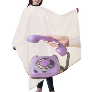 Personality  Cropped View Of Woman Holding Phone Tube Of Purple Rotary Phone On Beige Hair Cutting Cape