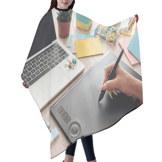 Personality  Cropped View Of Woman Working With Drawing Tablet, Sitting Behind Wooden Table With Stationery And Laptop Hair Cutting Cape