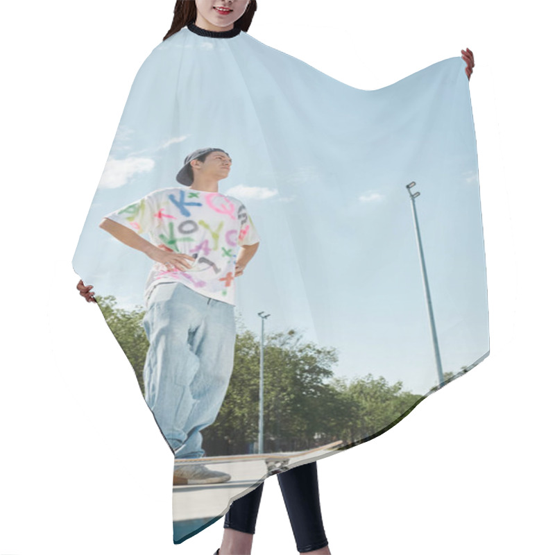 Personality  A Young Skater Boy Confidently Rides His Skateboard Atop A Ramp In An Outdoor Skate Park On A Sunny Summer Day. Hair Cutting Cape