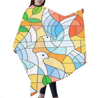 Personality  Illustration In Stained Glass Style With Abstract Pigeons, The Sun And Branches N Bright Orange Sky  Hair Cutting Cape