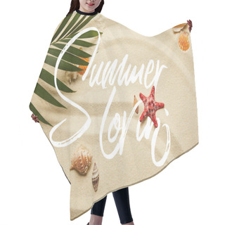 Personality  Top View Of Green Palm Leaf Near Red Starfish And Seashells On Sandy Beach With Summer Illustration Hair Cutting Cape