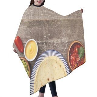 Personality  Top View Of Mexican Tortilla With Guacamole, Cheese Sauce And Salsa On Weathered Wooden Table Hair Cutting Cape