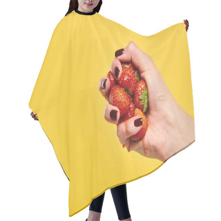 Personality  Unknown Female Model Squeezing Juicy Delicious Strawberries In Her Hand On Yellow Background Hair Cutting Cape