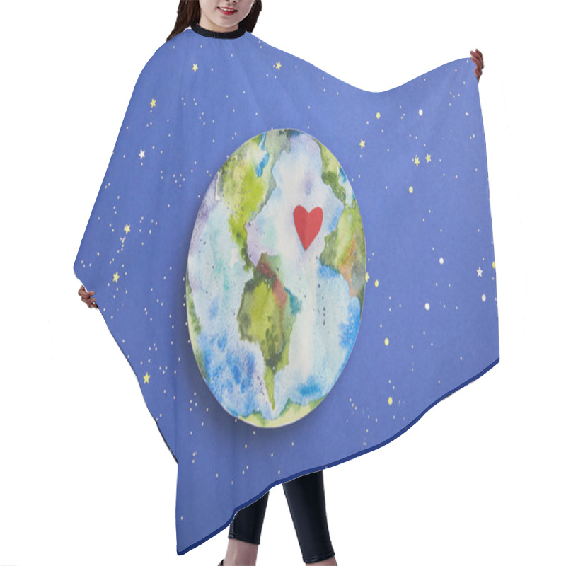Personality  Top View Of Planet Picture With Heart Symbol On Violet Background With Stars, Earth Day Concept Hair Cutting Cape