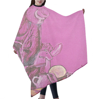 Personality  Still Life Art Drawing In Purple Tones Hair Cutting Cape
