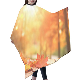 Personality  Autumn Blurred Background With Wooden Table And Orange Leaves Hair Cutting Cape