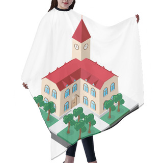 Personality  Two-story Townhouse Building With Clock On The Tower Surrounded By Lawn With Trees And Sidewalks Hair Cutting Cape