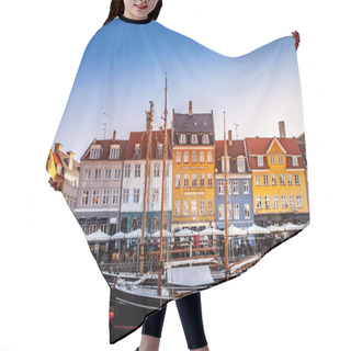 Personality  COPENHAGEN, DENMARK - MAY 6, 2018: Scenic View Of Beautiful Colorful Buildings And Boats Moored In Harbor, Copenhagen, Denmark Hair Cutting Cape