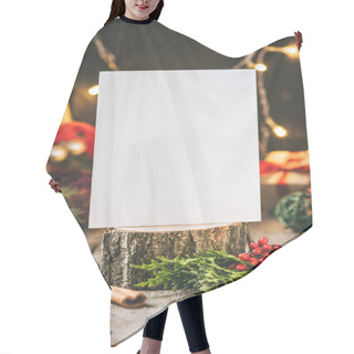 Personality  Empty Board On Wooden Stump With Christmas Decor And Light Garland  Hair Cutting Cape