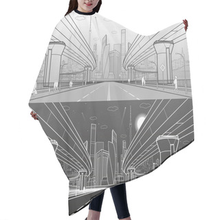 Personality  Road Overpass. Big Highway. Transport Bridge. Urban Infrastructure, Modern City On Background, Industrial Architecture. People Go. Towers And Skyscrapers. Lines Illustration, Vector Design Art  Hair Cutting Cape