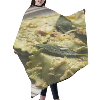 Personality  Close Up View Of Green Ravioli With Melted Cheese, Pine Nuts And Green Sage Leaves On Plate Hair Cutting Cape
