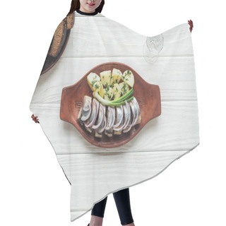 Personality  Marinated Herring, Potatoes And Onions In Earthenware Plate With Glass Of Vodka And Rye Bread On White Wooden Background Hair Cutting Cape