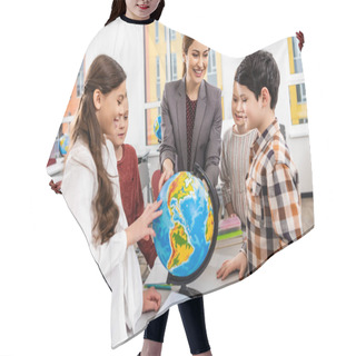 Personality  Teacher And Pupils Looking At Globe While Studying Geography In Classroom Hair Cutting Cape