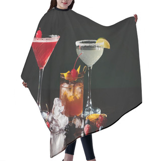 Personality  Set Of Three Thirst Quenching Esthetic Cocktails With Ice Cubes And Berries, Concept Hair Cutting Cape
