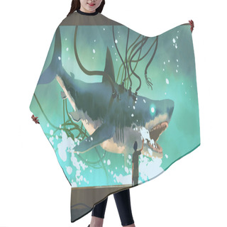 Personality  Woman Looking At The Experimental Shark In A Big Fish Tank, Digital Art Style, Illustration Painting Hair Cutting Cape