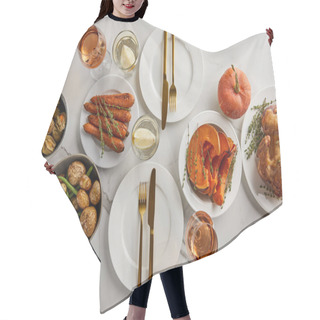 Personality  Top View Of Festive Thanksgiving Dinner With Baked Vegetables And Grilled Turkey Served On White Marble Table Hair Cutting Cape
