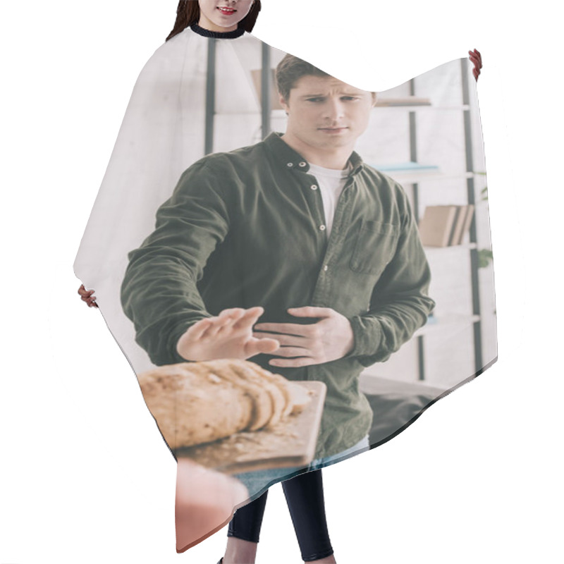 Personality  Cropped View Of Woman Holding Cutting Board With Sliced Bread Near Handsome Man With Gluten Intolerance  Hair Cutting Cape