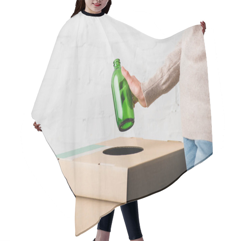 Personality  Partial View Of Woman Throwing Glass Bottle In Trash Bin Hair Cutting Cape