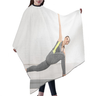 Personality  Attractive Sportswoman With Outstretched Hand Exercising On Fitness Mat  Hair Cutting Cape
