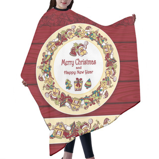 Personality  Circle Frame And Border From Christmas  Elements On Red Wood Background Hair Cutting Cape