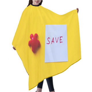 Personality  Top View Of Red Toy Turtle Near Paper With Save Lettering On Textured Yellow Background Hair Cutting Cape