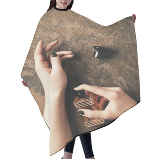 Personality  Partial Top View Of Woman Applying Perfume Above Brown Weathered Surface Hair Cutting Cape