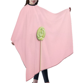 Personality  Top View Of Delicious Green Swirl Lollipop On Wooden Stick On Pink Background Hair Cutting Cape