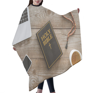 Personality  Top View Of Holy Bible With New Testament, Gadgets And Coffee On Rustic Wooden Table Hair Cutting Cape