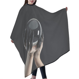 Personality  Cropped View Of Witch With Black Paint On Hands Holding Crystal Ball Isolated On Black Hair Cutting Cape