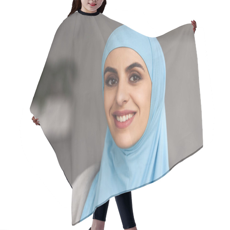 Personality  Portrait Of Smiling Beautiful Muslim Woman In Hijab At Home Hair Cutting Cape