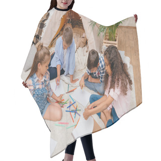 Personality  Multiethnic Kids Drawing At Home Hair Cutting Cape