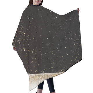 Personality  Selective Focus Of Golden Sparkles Falling On White Table Isolated On Black  Hair Cutting Cape