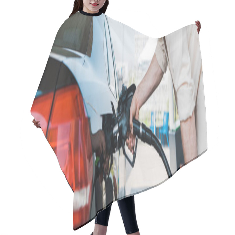 Personality  Panoramic Shot Of Man Holding Fuel Pump And Refueling Black Car Hair Cutting Cape