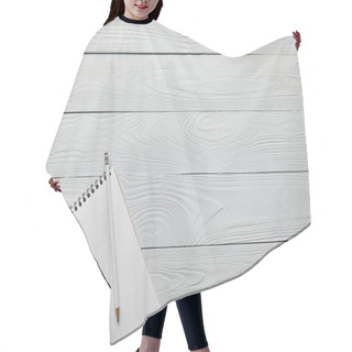 Personality  Top View Of Blank Notebook With Pencil On Wooden White Background With Copy Space Hair Cutting Cape