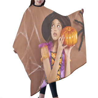 Personality  Spooky Girl In Witch Hat And Halloween Costume Standing With Pumpkin On Brown Backdrop, Cobwebs Hair Cutting Cape
