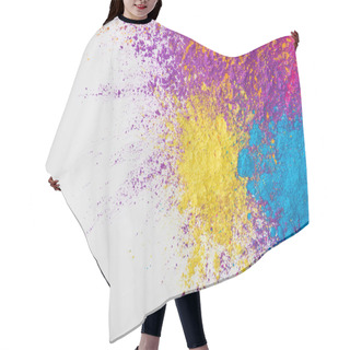 Personality  Top View Of Explosion Of Yellow, Purple, Orange And Blue Holi Powder On White Background Hair Cutting Cape