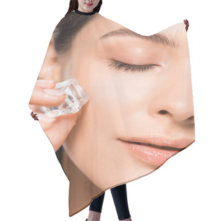 Personality  Close Up View Of Beautiful Brunette Young Woman With Perfect Skin And Closed Eyes Holding Ice Cube Isolated On White Hair Cutting Cape